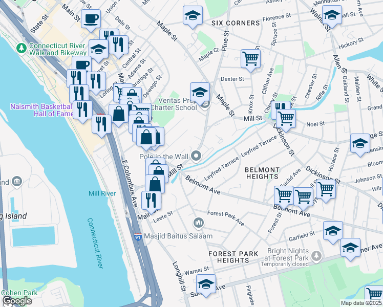 map of restaurants, bars, coffee shops, grocery stores, and more near 94 Mill Street in Springfield