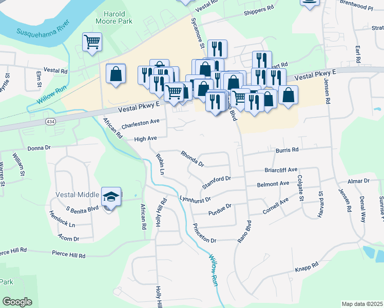 map of restaurants, bars, coffee shops, grocery stores, and more near 2469 Rhonda Drive in Vestal