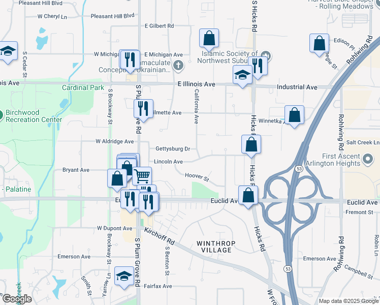 map of restaurants, bars, coffee shops, grocery stores, and more near 4477 Gettysburg Drive in Rolling Meadows