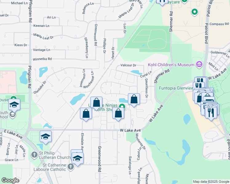 map of restaurants, bars, coffee shops, grocery stores, and more near 935 Buccaneer Drive North in Glenview