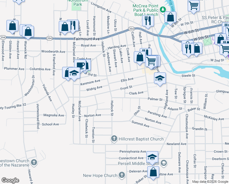 map of restaurants, bars, coffee shops, grocery stores, and more near 493 Front Street in Jamestown