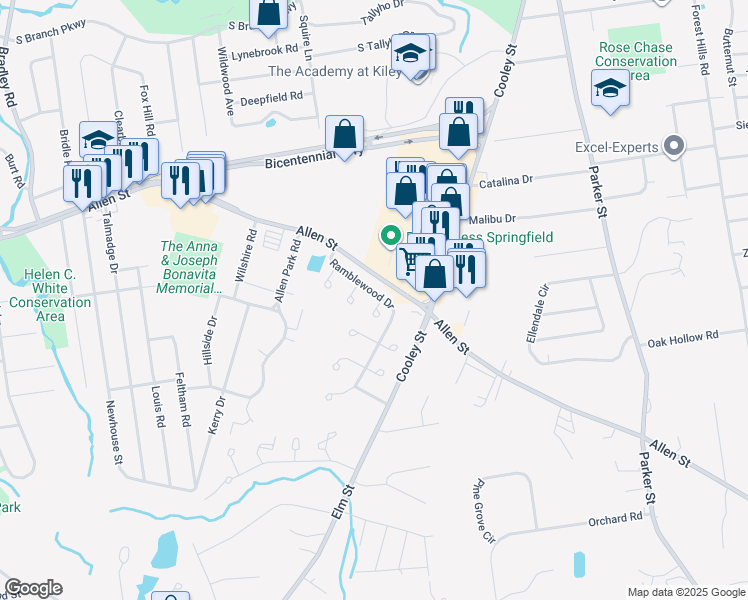 map of restaurants, bars, coffee shops, grocery stores, and more near 6 Cluster Circle in Springfield
