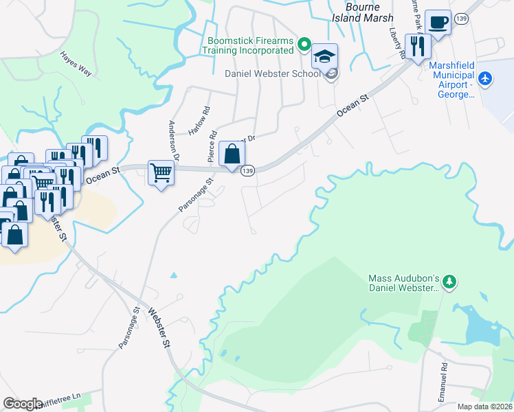 map of restaurants, bars, coffee shops, grocery stores, and more near 39 Woodlawn Circle in Marshfield
