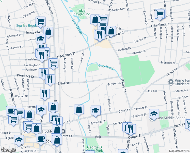 map of restaurants, bars, coffee shops, grocery stores, and more near 53 Carter Street in Brockton