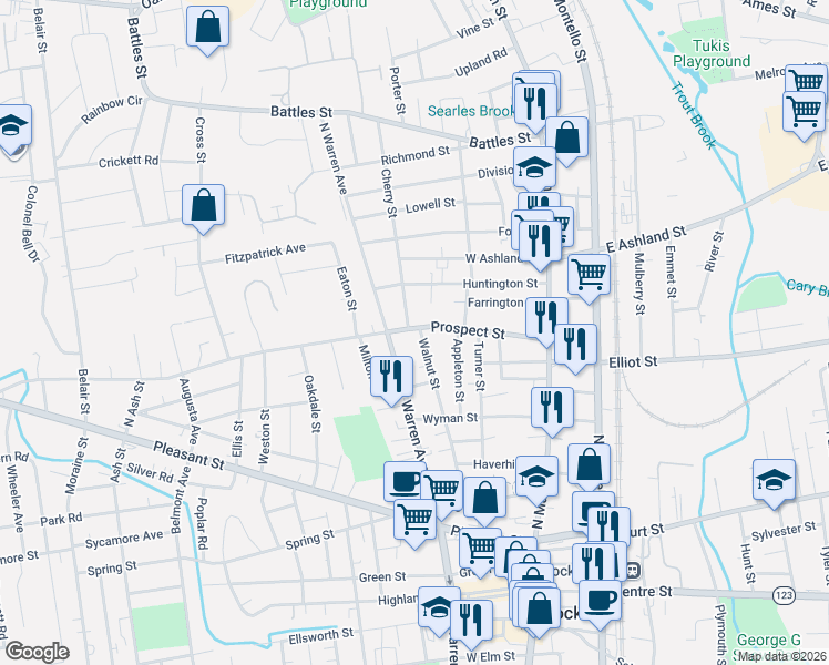 map of restaurants, bars, coffee shops, grocery stores, and more near 128 Prospect Street in Brockton