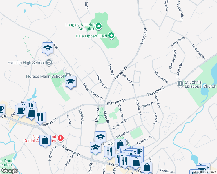 map of restaurants, bars, coffee shops, grocery stores, and more near 299 Main Street in Franklin