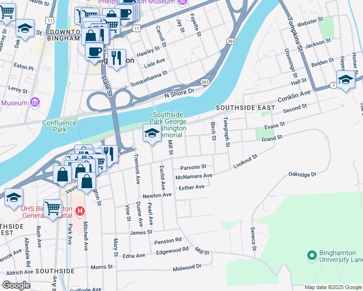 map of restaurants, bars, coffee shops, grocery stores, and more near 17 Mill Street in Binghamton