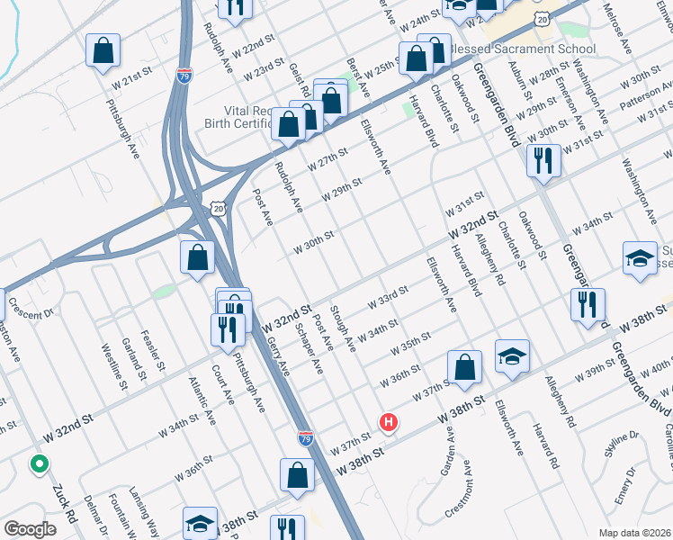 map of restaurants, bars, coffee shops, grocery stores, and more near 3109 Rudolph Avenue in Erie