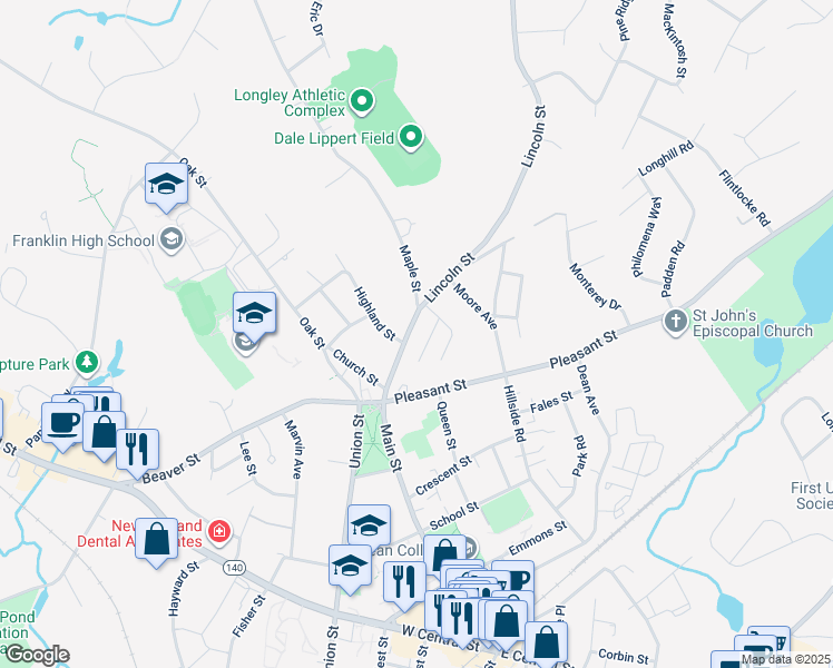map of restaurants, bars, coffee shops, grocery stores, and more near 299 Main Street in Franklin