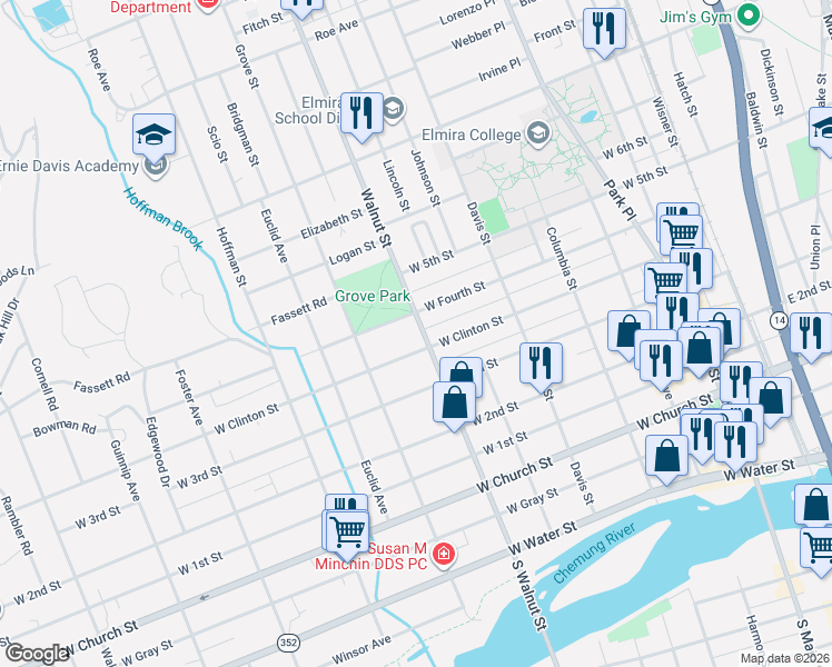 map of restaurants, bars, coffee shops, grocery stores, and more near 607 Walnut Street in Elmira