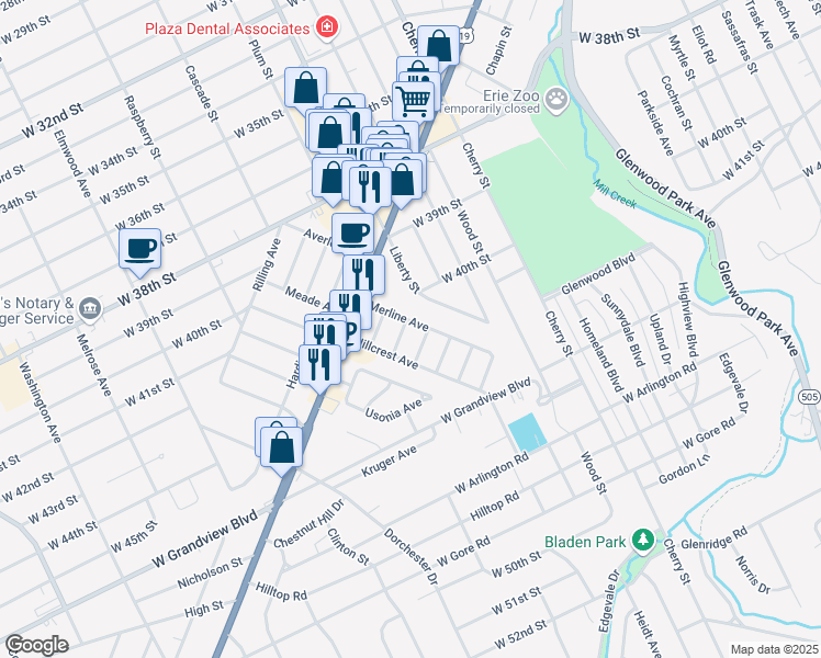map of restaurants, bars, coffee shops, grocery stores, and more near 207 Merline Avenue in Erie