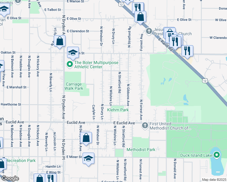 map of restaurants, bars, coffee shops, grocery stores, and more near 736 North Stratford Road in Arlington Heights