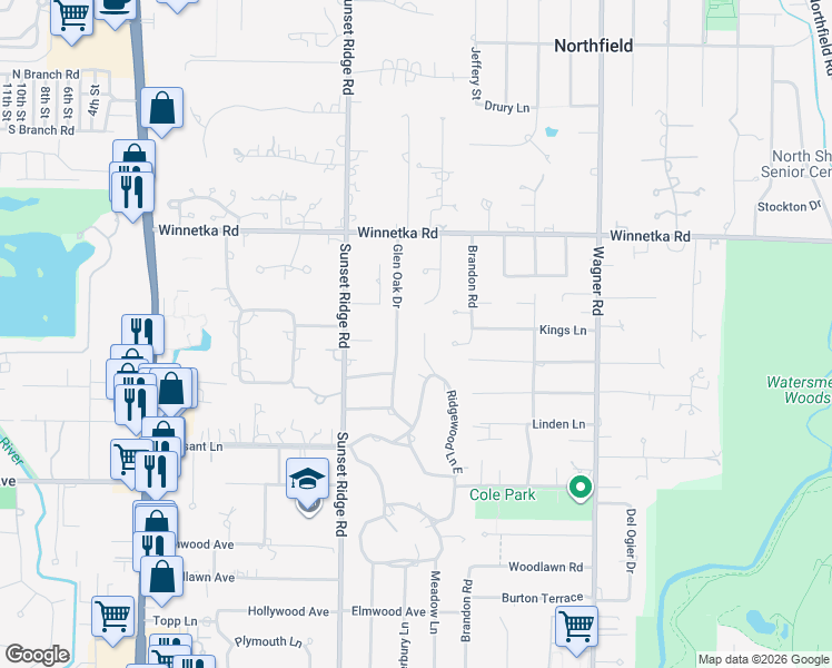 map of restaurants, bars, coffee shops, grocery stores, and more near 1940 North Drive in Glenview