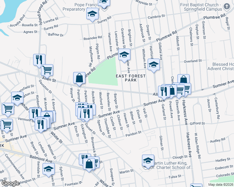 map of restaurants, bars, coffee shops, grocery stores, and more near 65 Bangor Street in Springfield