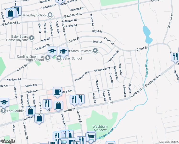 map of restaurants, bars, coffee shops, grocery stores, and more near 11 Gloucester Street in Brockton