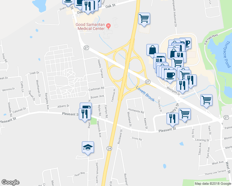 map of restaurants, bars, coffee shops, grocery stores, and more near 17 Cashman Place in Brockton