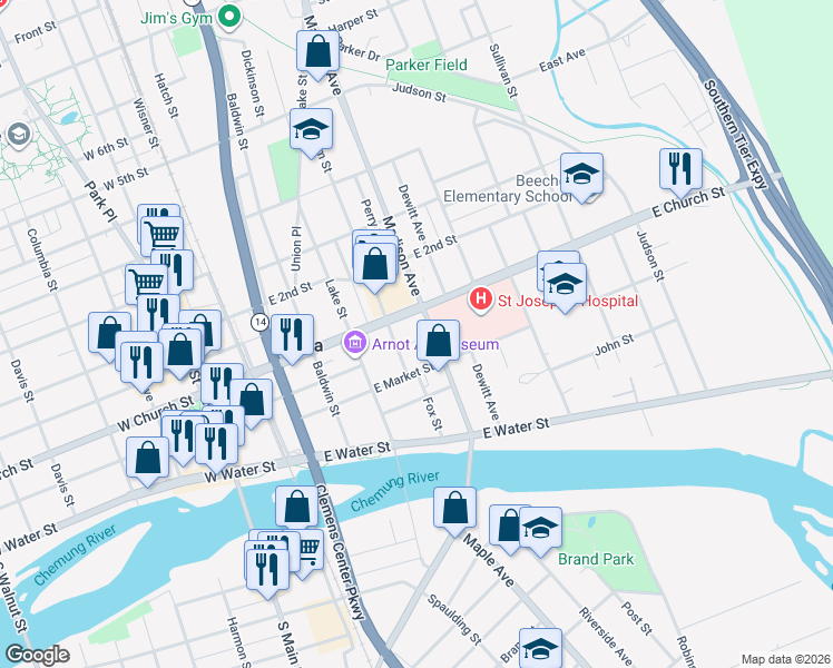 map of restaurants, bars, coffee shops, grocery stores, and more near 213 Madison Avenue in Elmira