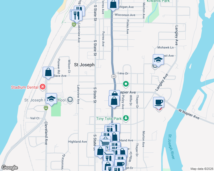 map of restaurants, bars, coffee shops, grocery stores, and more near 2400 Niles Avenue in St. Joseph