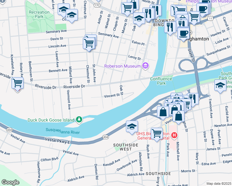 map of restaurants, bars, coffee shops, grocery stores, and more near 8 Vincent Street in Binghamton