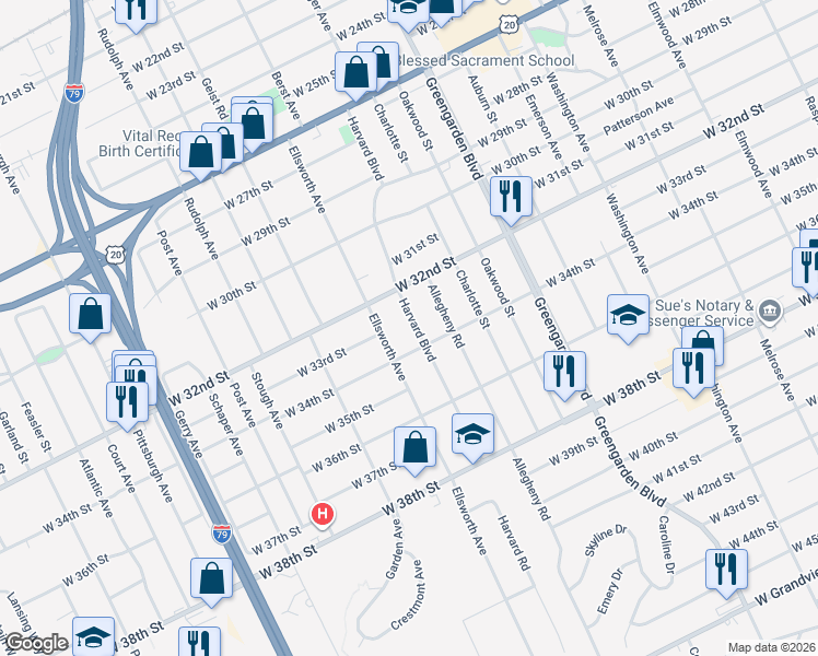 map of restaurants, bars, coffee shops, grocery stores, and more near 3308 Harvard Road in Erie