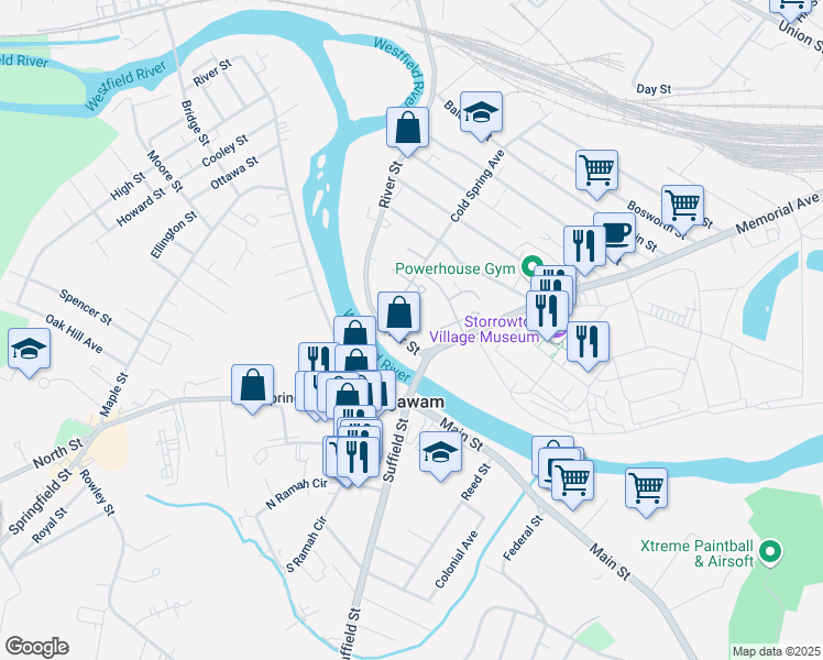 map of restaurants, bars, coffee shops, grocery stores, and more near 21 River Street in West Springfield