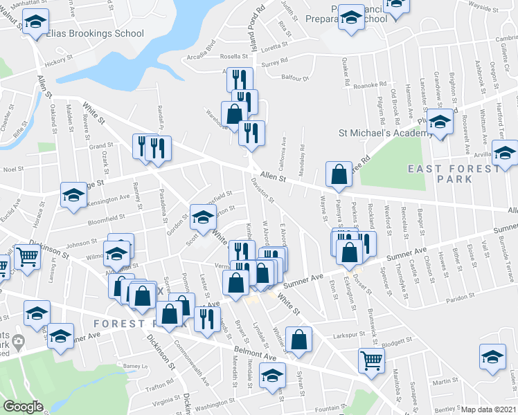 map of restaurants, bars, coffee shops, grocery stores, and more near 140 West Alvord Street in Springfield