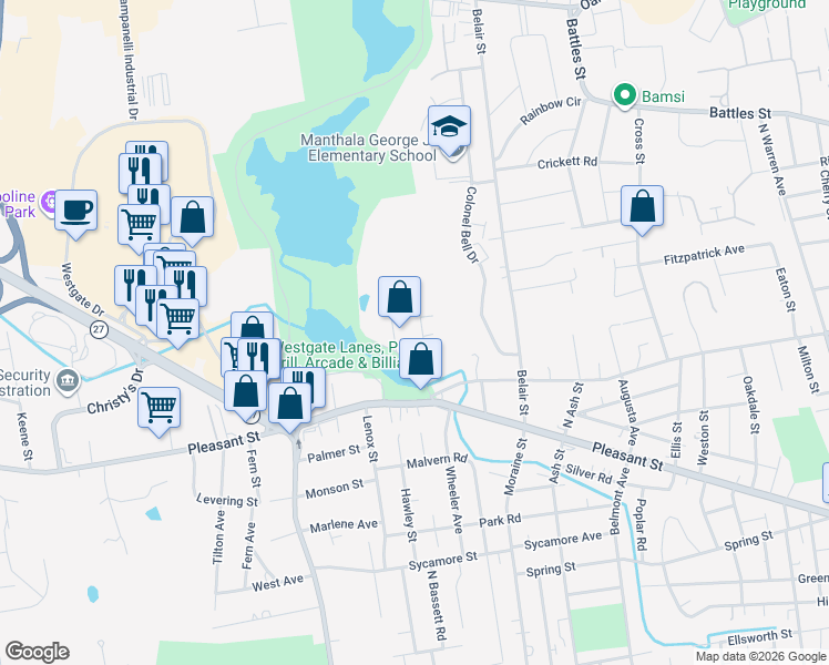 map of restaurants, bars, coffee shops, grocery stores, and more near 38 Montauk Road in Brockton