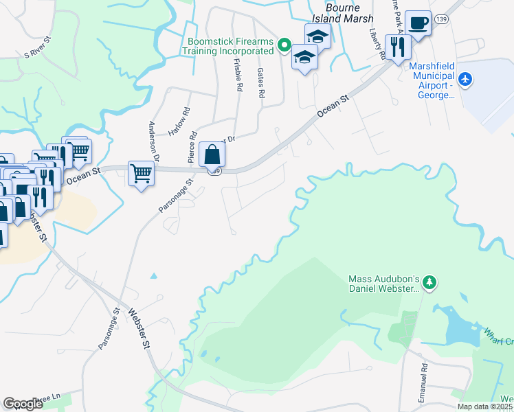 map of restaurants, bars, coffee shops, grocery stores, and more near 94 Woodlawn Circle in Marshfield