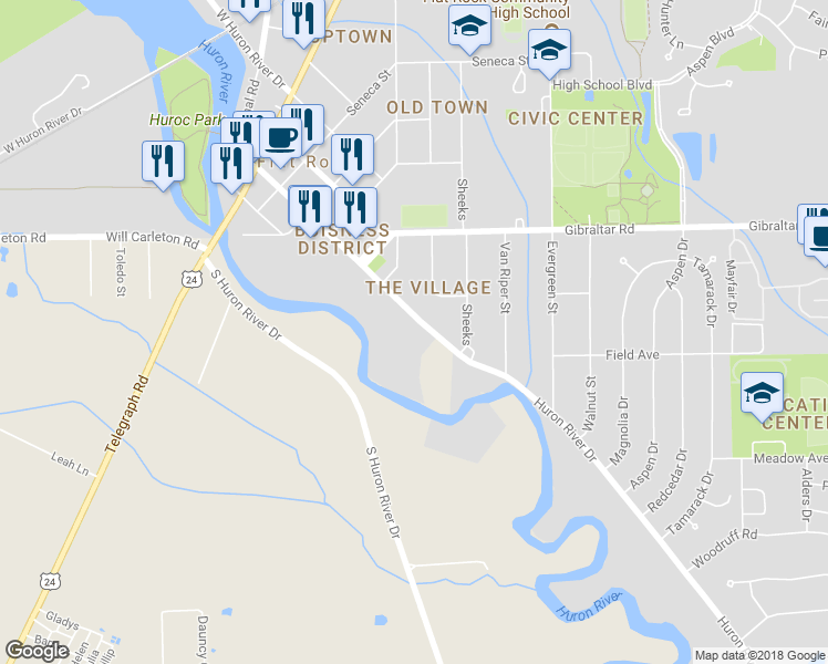 map of restaurants, bars, coffee shops, grocery stores, and more near 25875 East Huron River Drive in Flat Rock
