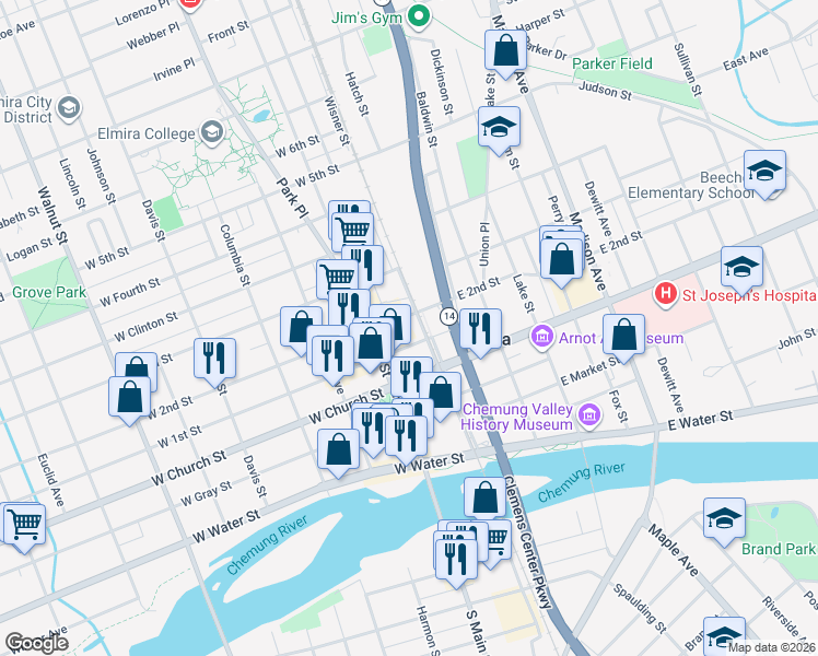 map of restaurants, bars, coffee shops, grocery stores, and more near 101 West 2nd Street in Elmira