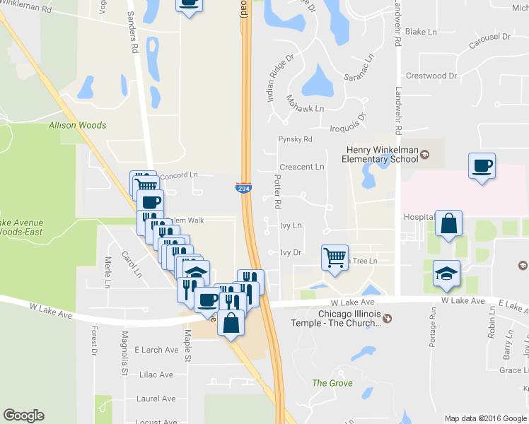map of restaurants, bars, coffee shops, grocery stores, and more near 1922 Ivy Lane in Glenview