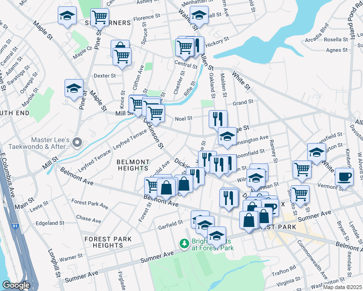 map of restaurants, bars, coffee shops, grocery stores, and more near 160 Euclid Avenue in Springfield