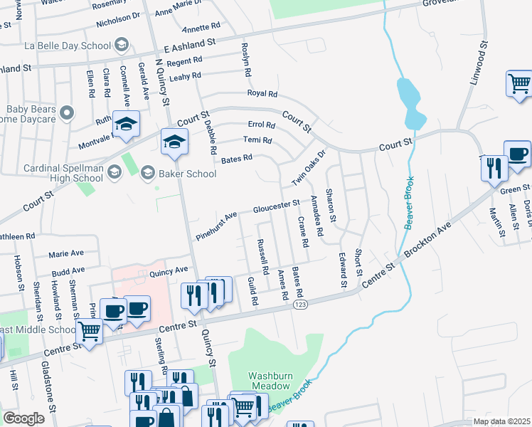 map of restaurants, bars, coffee shops, grocery stores, and more near 101 Gloucester Street in Brockton
