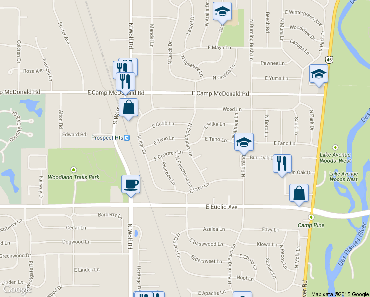 map of restaurants, bars, coffee shops, grocery stores, and more near 1334 North Columbine Drive in Mount Prospect