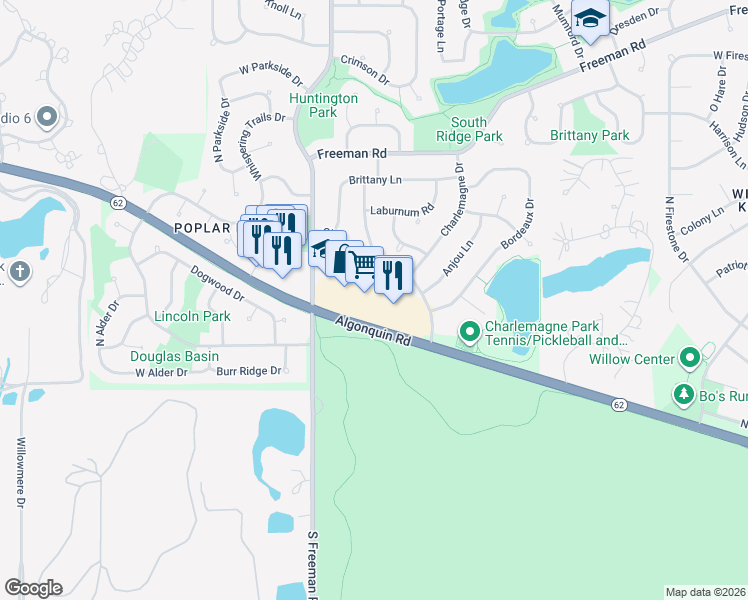 map of restaurants, bars, coffee shops, grocery stores, and more near 1606 West Algonquin Road in Hoffman Estates