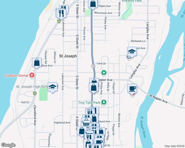 map of restaurants, bars, coffee shops, grocery stores, and more near 2400 Niles Avenue in St. Joseph