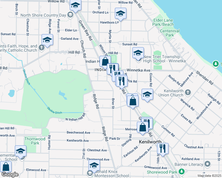 map of restaurants, bars, coffee shops, grocery stores, and more near 704 Brier Street in Kenilworth