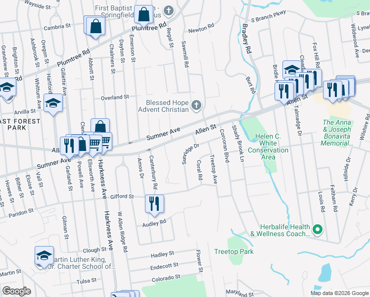 map of restaurants, bars, coffee shops, grocery stores, and more near 92 Sunridge Drive in Springfield