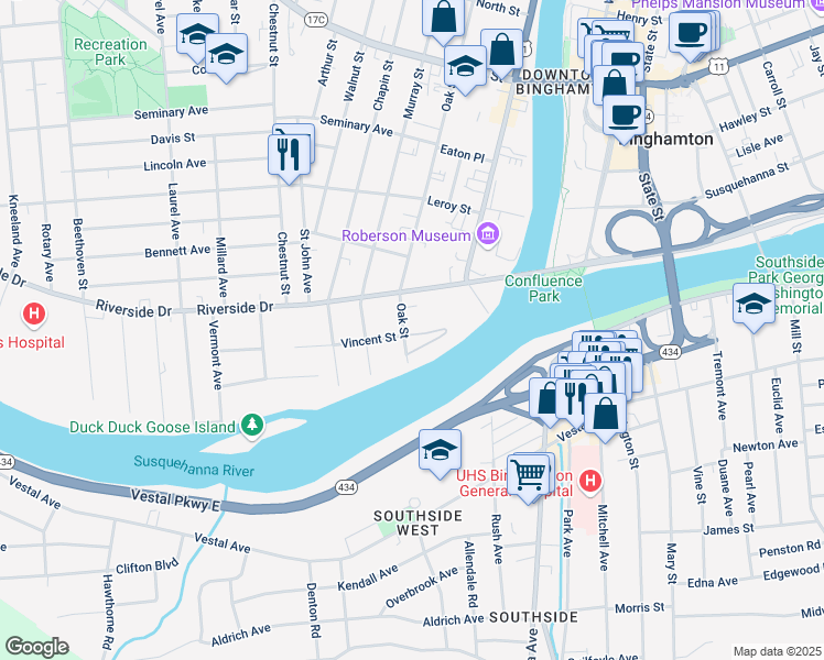 map of restaurants, bars, coffee shops, grocery stores, and more near 9 Riverside Drive in Binghamton