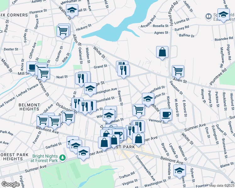 map of restaurants, bars, coffee shops, grocery stores, and more near 52 Ranney Street in Springfield