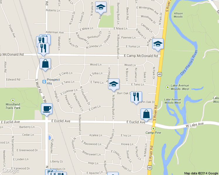 map of restaurants, bars, coffee shops, grocery stores, and more near 1831 East Tano Lane in Mount Prospect
