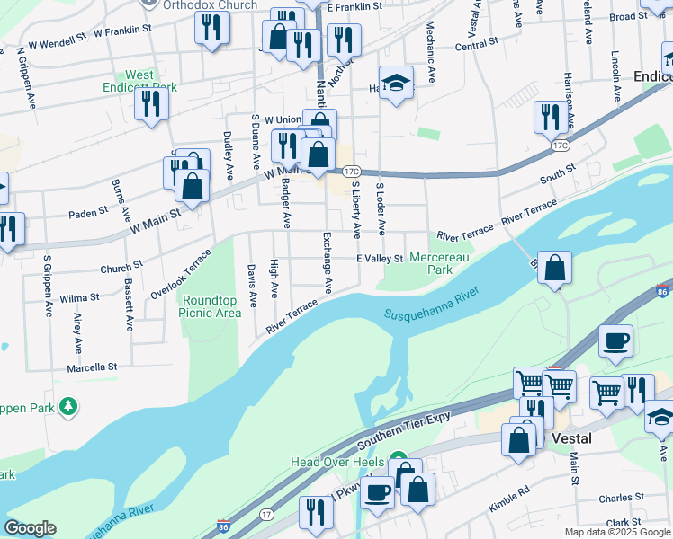 map of restaurants, bars, coffee shops, grocery stores, and more near 605 Exchange Ave in Endicott