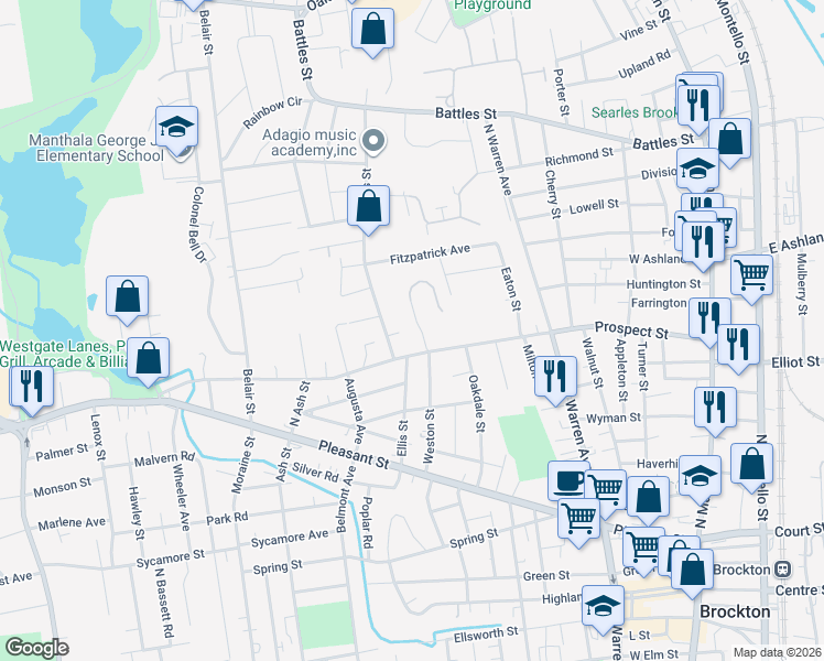 map of restaurants, bars, coffee shops, grocery stores, and more near 22 Prospect Terrace in Brockton