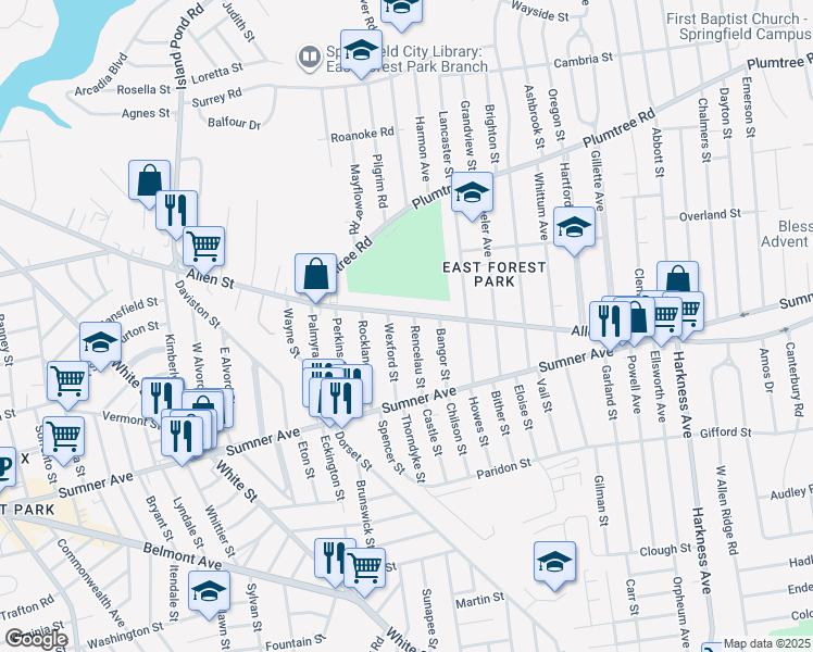 map of restaurants, bars, coffee shops, grocery stores, and more near 74 Rencelau St in Springfield
