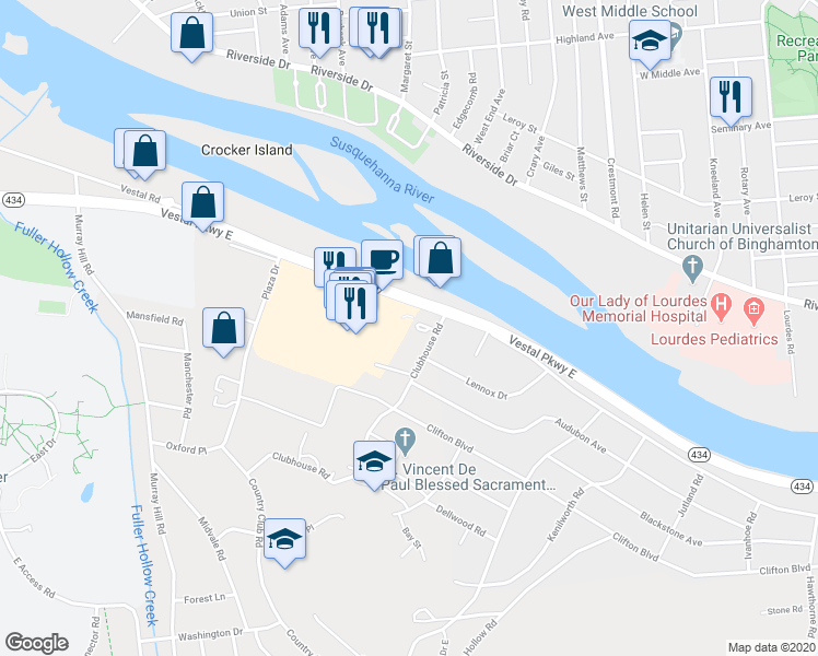 map of restaurants, bars, coffee shops, grocery stores, and more near 4704 Vestal Parkway East in Vestal
