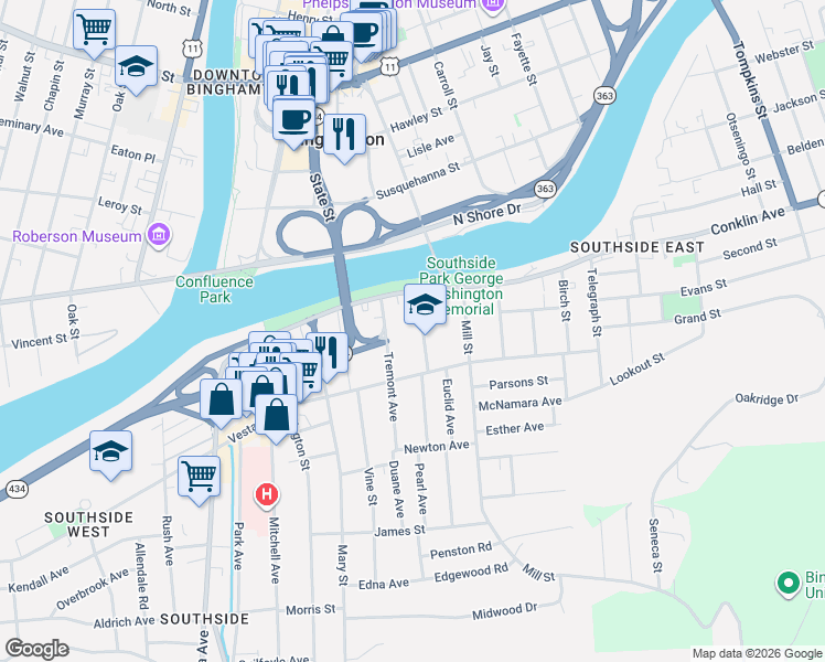 map of restaurants, bars, coffee shops, grocery stores, and more near 11 Tremont Avenue in Binghamton