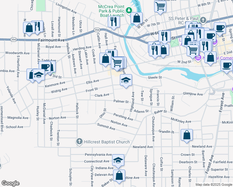 map of restaurants, bars, coffee shops, grocery stores, and more near 301 Front Street in Jamestown