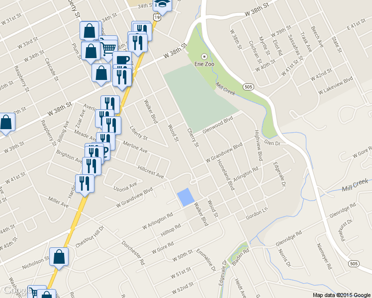 map of restaurants, bars, coffee shops, grocery stores, and more near 4415 Wood St in Erie