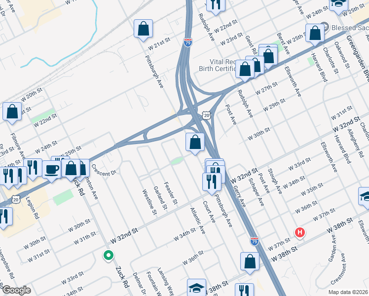 map of restaurants, bars, coffee shops, grocery stores, and more near 2817 Court Avenue in Erie