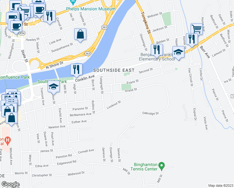 map of restaurants, bars, coffee shops, grocery stores, and more near 10 1/2 Grand Street in Binghamton